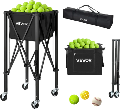 VEVOR Tennis Ball Hopper, Holds 120 Tennis Balls, Foldable Pickleball Basket Cart with Wheels for Easy Pick Up, Lightweight Aluminum Alloy, Portable Pickleball Caddy with Storage Bag, for Training
