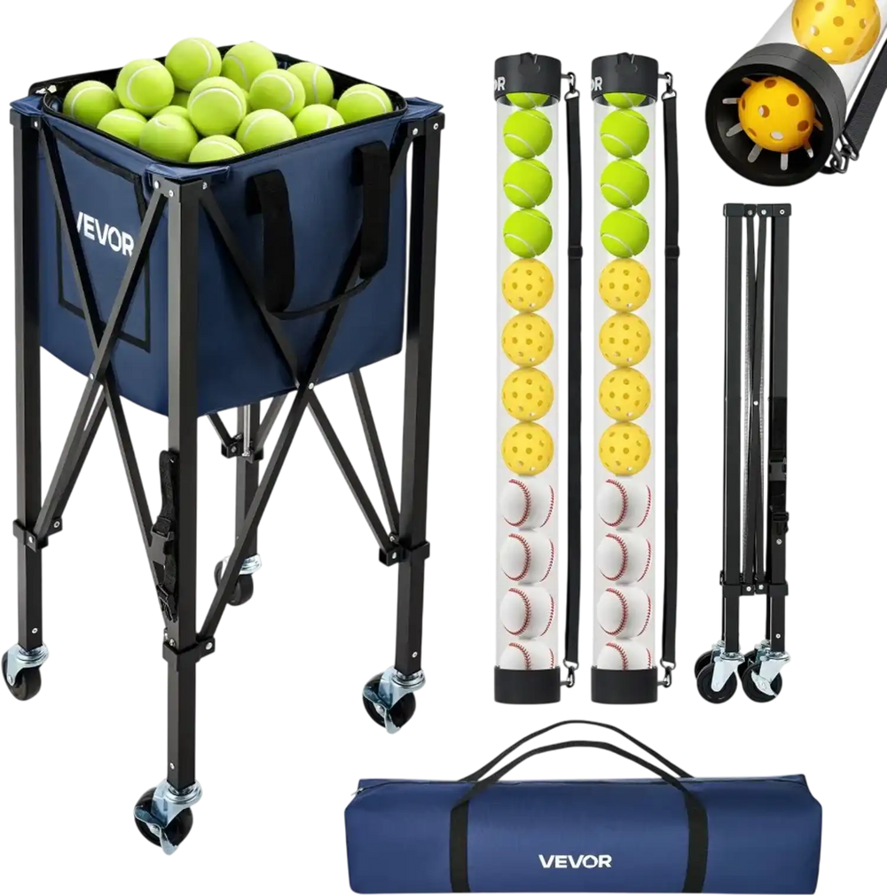 VEVOR 2-in-1 Tennis & Pickleball Hopper, with Pickup Tube, Foldable Pickleball Basket Cart with with Wheels, Holds 150 Tennis Balls or 260 Pickleballs, Portable Pickleball Caddy Holder, for Training