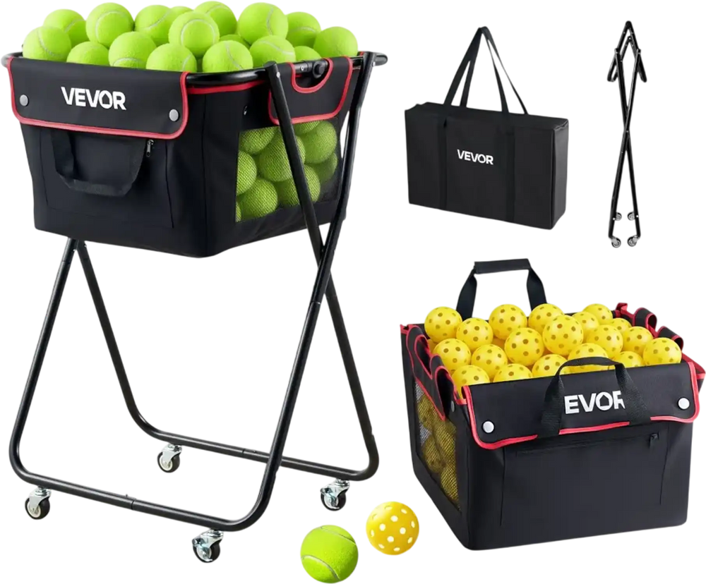 VEVOR Tennis Ball Hopper, Holds 175 Tennis Balls or 290 Pickleballs, Foldable Pickleball Basket Cart with Wheels for Easy Pick Up, Portable Baseball Cart Caddy with Storage Bag, for Training Coaching