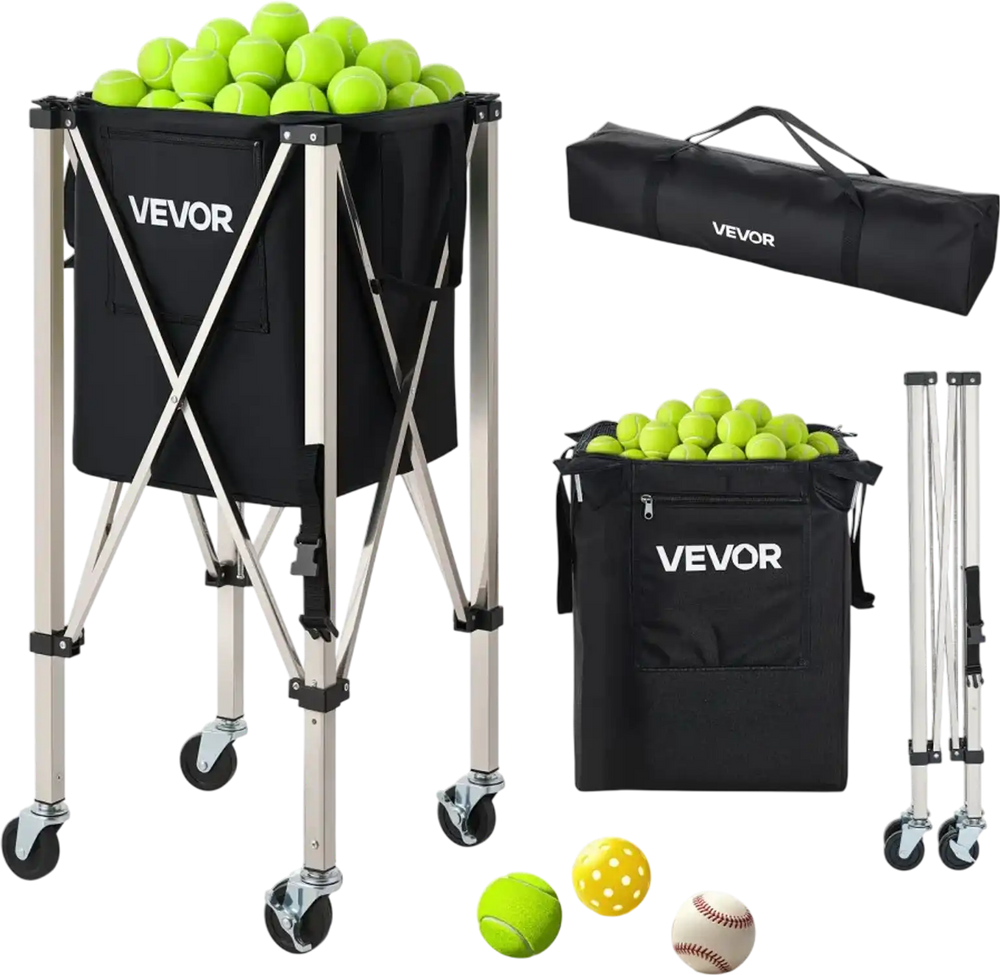 VEVOR Tennis Ball Hopper, Holds 200 Tennis Balls, Foldable Pickleball Basket Cart with Wheels for Easy Pick Up, Stainless Steel Portable Pickleball Cart Caddy with Storage Bag, for Training Teaching