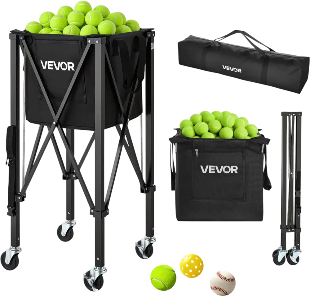 VEVOR Tennis Ball Hopper, Holds 150 Tennis Balls, Foldable Pickleball Basket Cart with Wheels for Easy Pick Up, Lightweight Aluminum Alloy, Portable Pickleball Caddy with Storage Bag, for Training