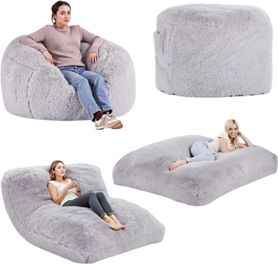 VEVOR Bean Bag Bed Chair, Convertible Chair from BeanBag to Lounge or Mattress, Gaint Bean Bag Chair Bed with Washable Cover for Adults, Fluffy Plush, Foam Filling and Side Pocket, Grey(Full Size)
