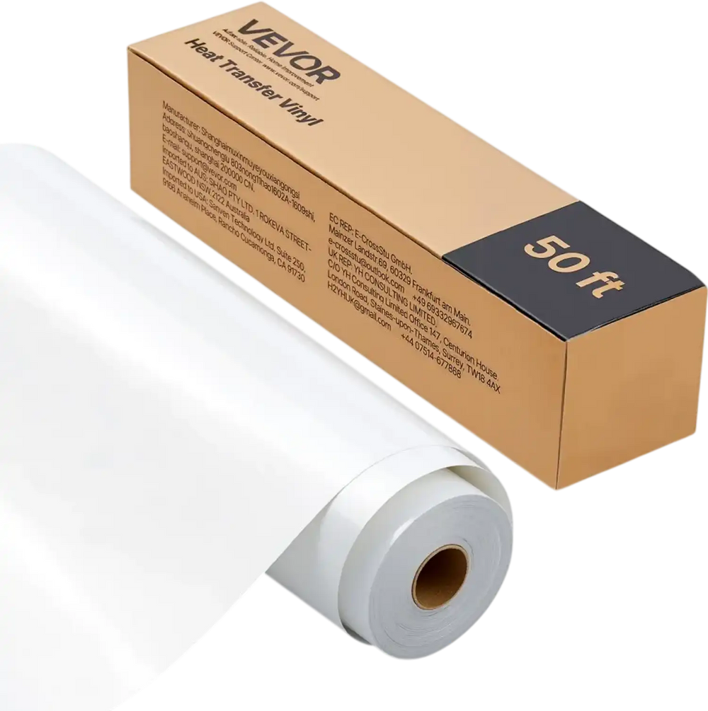VEVOR Heat Transfer Vinyl, 12 in x 50 ft, Glossy White HTV Iron on Vinyl Roll, Easy to Cut and Weed, Strong Adhesion, Compatible with Cutting Machines, for Various Materials, T-shirts, Pillows, Hats