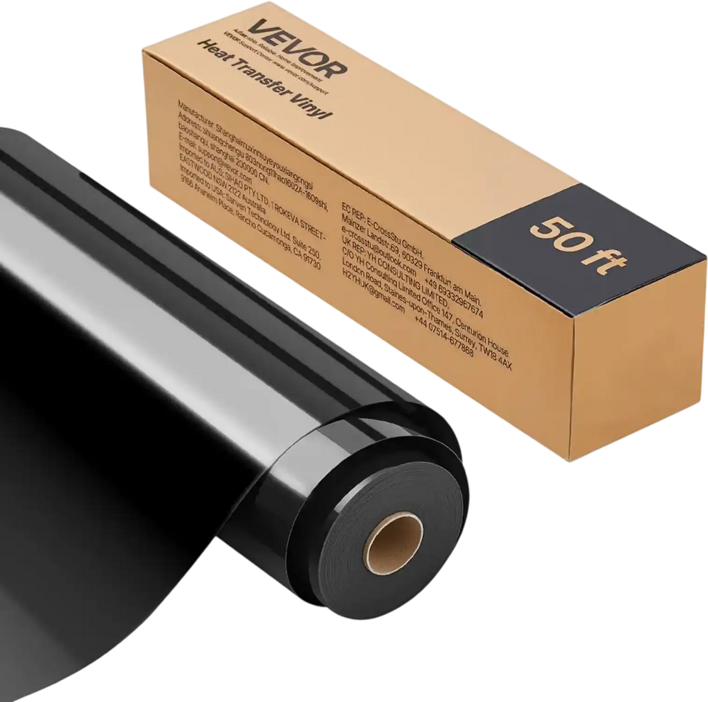 VEVOR Heat Transfer Vinyl, 12 in x 50 ft, Glossy Black HTV Iron on Vinyl Roll, Easy to Cut and Weed, Strong Adhesion, Compatible with Cutting Machines, for Various Materials, T-shirts, Pillows, Hats