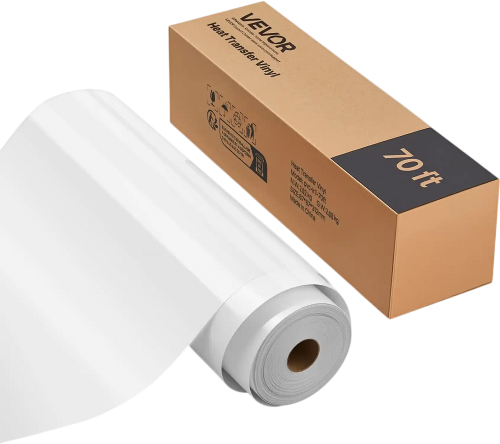 VEVOR Heat Transfer Vinyl, 12 in x 70 ft, Glossy White HTV Iron on Vinyl Roll, Easy to Cut and Weed, Strong Adhesion, Compatible with Cutting Machines, for Various Materials, T-shirts, Pillows, Hats