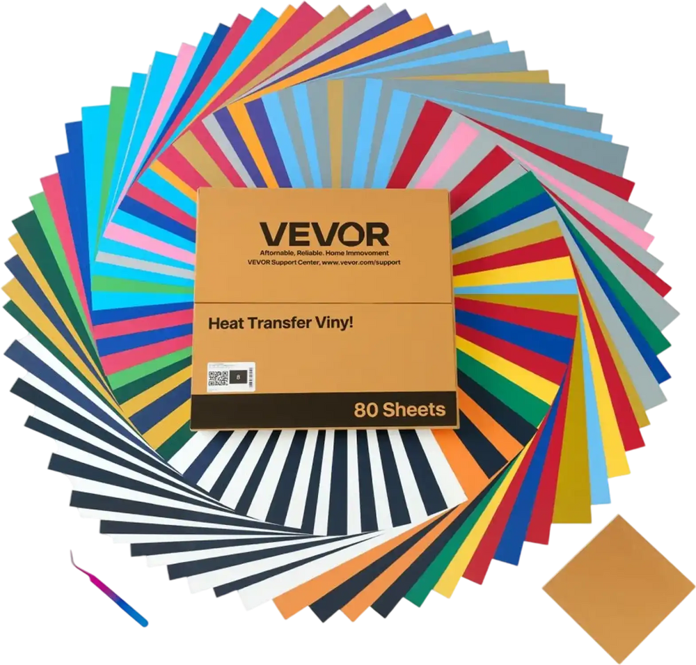 VEVOR Heat Transfer Vinyl, 80 Pack, 12 x 12 in, Assorted Colors HTV Iron on Vinyl Bundle, Easy to Cut and Weed, with Accessories, Compatible with Cutting Machines, for Various Materials, T-shirts