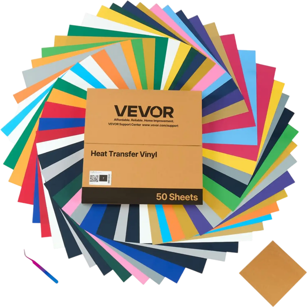 VEVOR Heat Transfer Vinyl, 50 Pack, 12 x 12 in, Assorted Colors HTV Iron on Vinyl Bundle, Easy to Cut and Weed, with Accessories, Compatible with Cutting Machines, for Various Materials, T-shirts