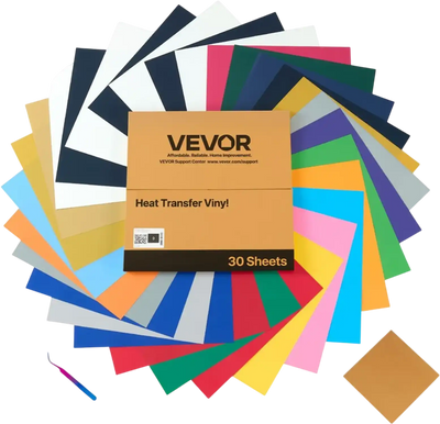 VEVOR Heat Transfer Vinyl, 30 Pack, 12 x 12 in, Assorted Colors HTV Iron on Vinyl Bundle, Easy to Cut and Weed, with Accessories, Compatible with Cutting Machines, for Various Materials, T-shirts