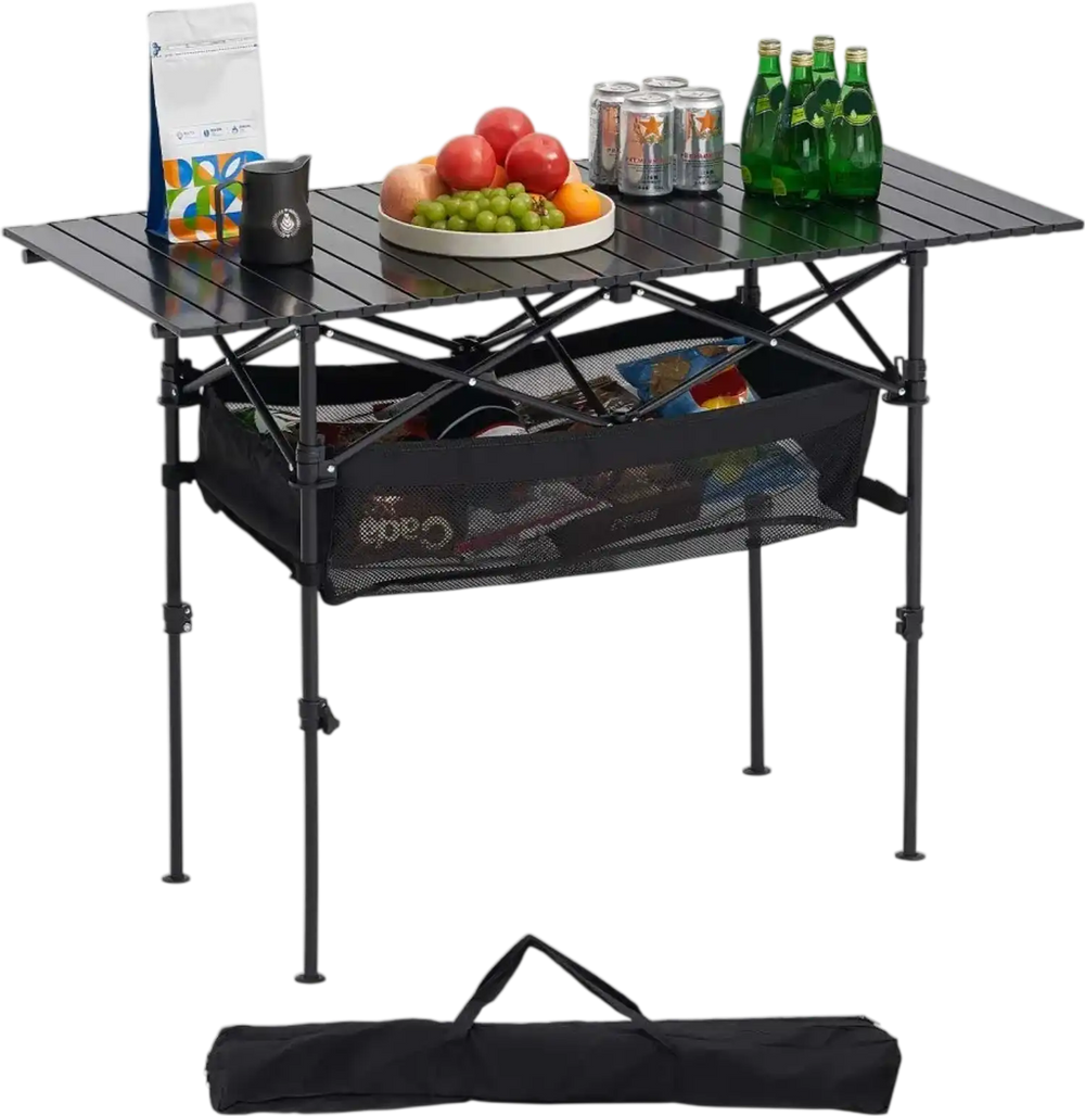 VEVOR Folding Camping Table, Portable Roll Up Side Tables, Lightweight Aluminum Beach Table with Adjustable Height, Large Storage Bag and Carry Bag, For Outdoor BBQ Tailgating Picnic, Travel, Black