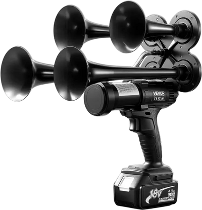 VEVOR Cordless 4-Trumpet Air Horn 130dB Train Air Horn & Built-in Air Pump, 18V 4Ah Lithium Battery, Powerful Sound, Strong Penetration, Handheld Portable for Vehicle Alerts, Holiday & Sporting Events