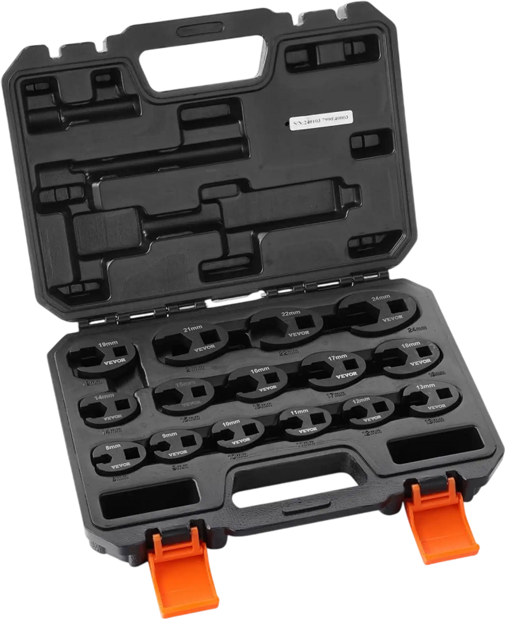 VEVOR Crowfoot Wrench Set, 1/2" and 3/8" Drive 15-Piece Crows Foot Wrench Set with PP Storage Case,  Metric 8-24 mm, CRMO Steel and  Manganese Phosphate Finish, for Mechanical Maintenance or Repairs