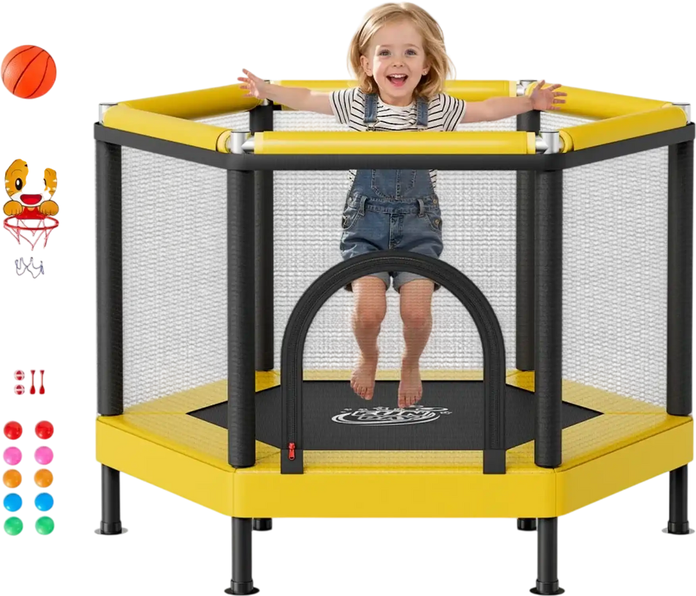 VEVOR Trampoline for Kids, Toddler Mini Trampoline, 132 lbs Capacity Indoor Outdoor Play Toys with Enclosure Net and Basketball Hoop, Easy to Assemble, Christmas Toys Birthday Gifts for Girls Boys