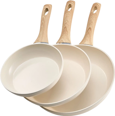 VEVOR Frying Pan Skillet, Aluminum Egg Fry Pans, 3 Piece (8, 9.5, 11 in), Nonsitck Ceramic Heavy-Duty Skillets with Heat-Resistant Handle, Chef's Kitchen Cookware for Gas, Electric, Induction, Beige