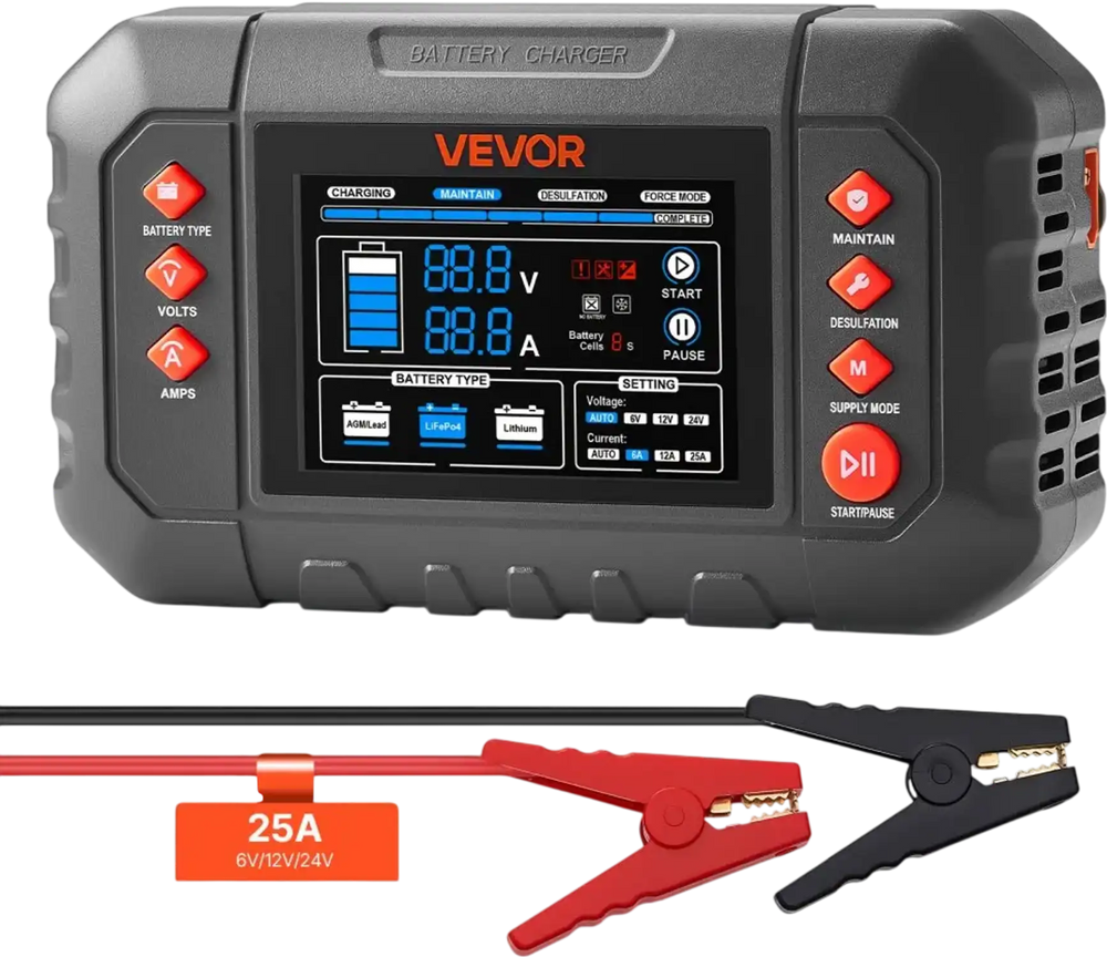 VEVOR Smart Battery Charger, 25A, 6V 12V 24V Ternary Lithium LiFePO4 Lead-Acid (Gel/AGM) Battery Charger, with 3.4-Inch LCD Display, Trickle Charging Maintainer Desulfator, for Car, Boat, Motorcycle