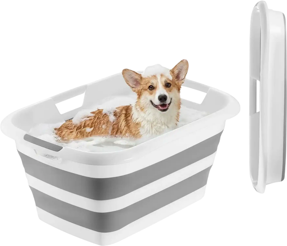 VEVOR Dog Bathtub, Collapsible Dog Bath Tub, Pet Bathing Grooming Wash Shower Station, Portable Space-saving & Stable Support, Built-In Drainage Hole for Small Pet Puppy Doggie Cat Outdoor, Gray White