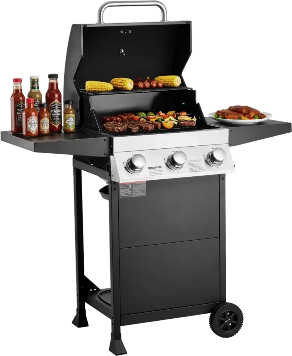 VEVOR Gas Grill, 3 Burner Propane Gas Grill with Spacious 338 SQ.In Grilling Area, Carbon Steel Enamel Grates, Outdoor 36,000 BTU Patio Garden BBQ Grills with Foldable Side Shelves, Carbon Steel