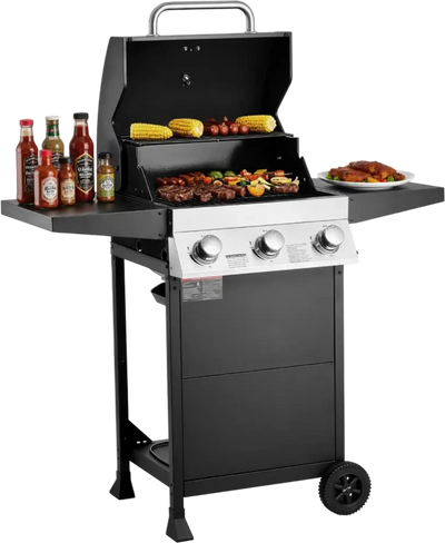 VEVOR Gas Grill, 3 Burner Propane Gas Grill with Spacious 338 SQ.In Grilling Area, Carbon Steel Enamel Grates, Outdoor 36,000 BTU Patio Garden BBQ Grills with Foldable Side Shelves, Carbon Steel