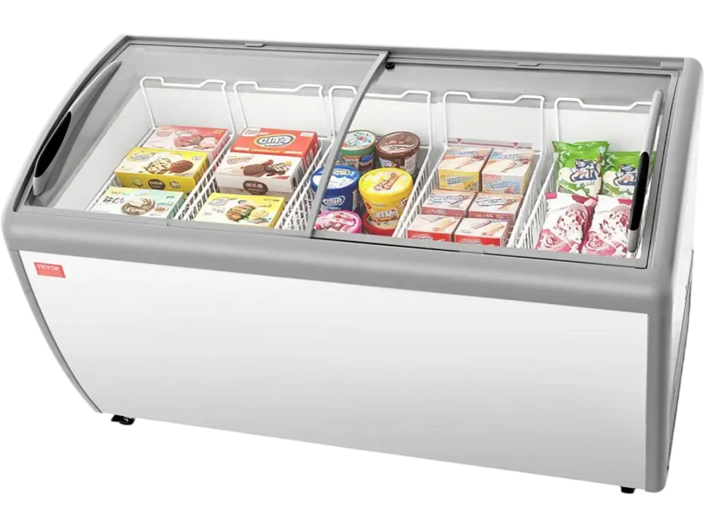 VEVOR Commercial Ice Cream Display Case, 16.3 Cu.ft Chest Freezer, -19 to 3℉ Temp Adjustable Mobile Top Deep Freezer with 5 Wire Baskets, 2 Sliding Glass Doors, Locking Casters & LED Strip Lighting