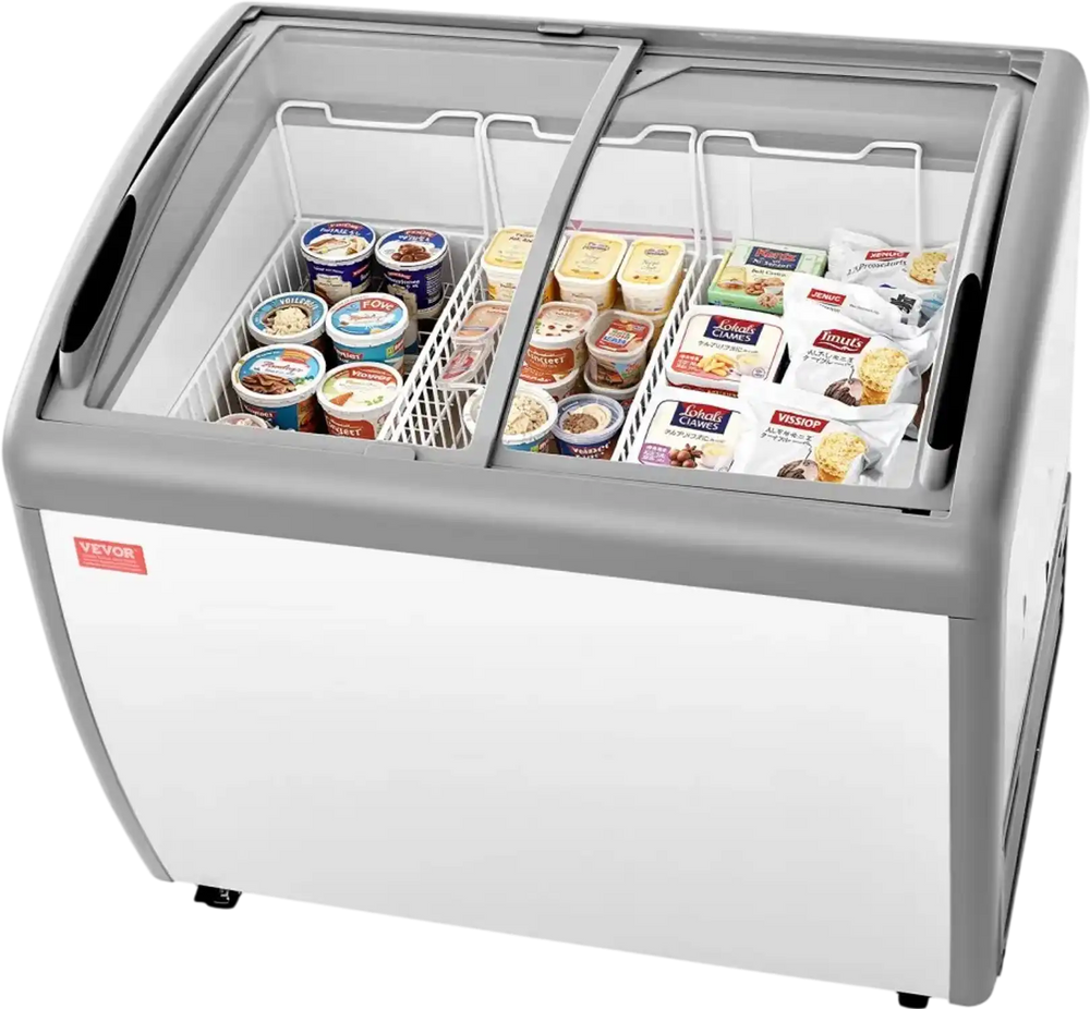 VEVOR Commercial Ice Cream Display Case, 9.3 Cu.ft Chest Freezer, -19 to 3℉ Temp Adjustable Mobile Top Deep Freezer with 3 Wire Baskets, 2 Sliding Glass Doors, Locking Casters & LED Strip Lighting