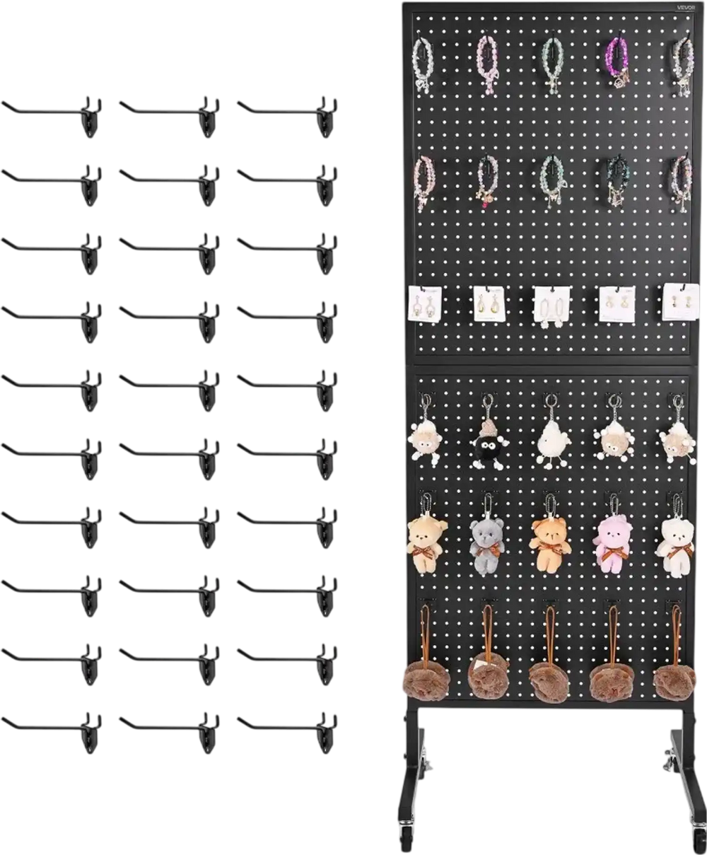 VEVOR Standing Pegboard Display, 23.6 x 63 in Pegboard Display Stand with Swivel Casters and 30 Hooks, Thickened Cold-Rolled Steel Peg Board Panel for Grocery, Retail Store and Jewelry Shop, Black