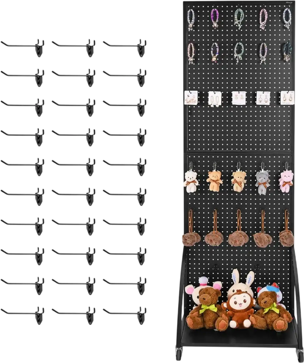 VEVOR Standing Pegboard Display with Base Plate, 23.7 x 66 in Pegboard Display Stand with Casters and 30 Hooks, Thickened Cold-Rolled Steel Peg Board Panel for Retail Store and Jewelry Shop, Black