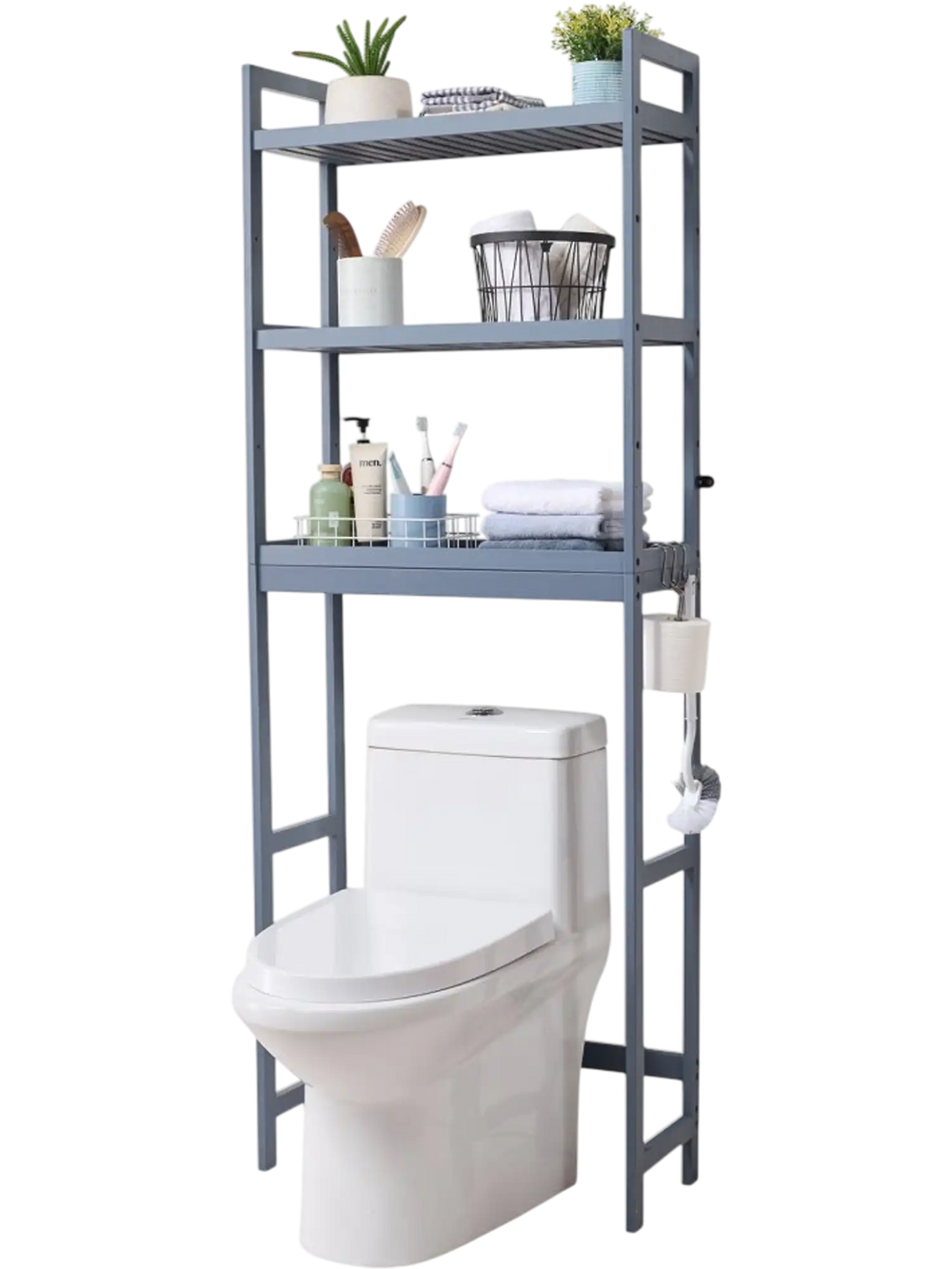 VEVOR Over the Toilet Storage, 3-Tier Adjustable Over Toilet Bathroom Organizer, Bamboo Storage Shelf Rack with 3 Hooks, Freestanding Easy Assembly Laundry Space Saver, Fit Most Toilets, Gray