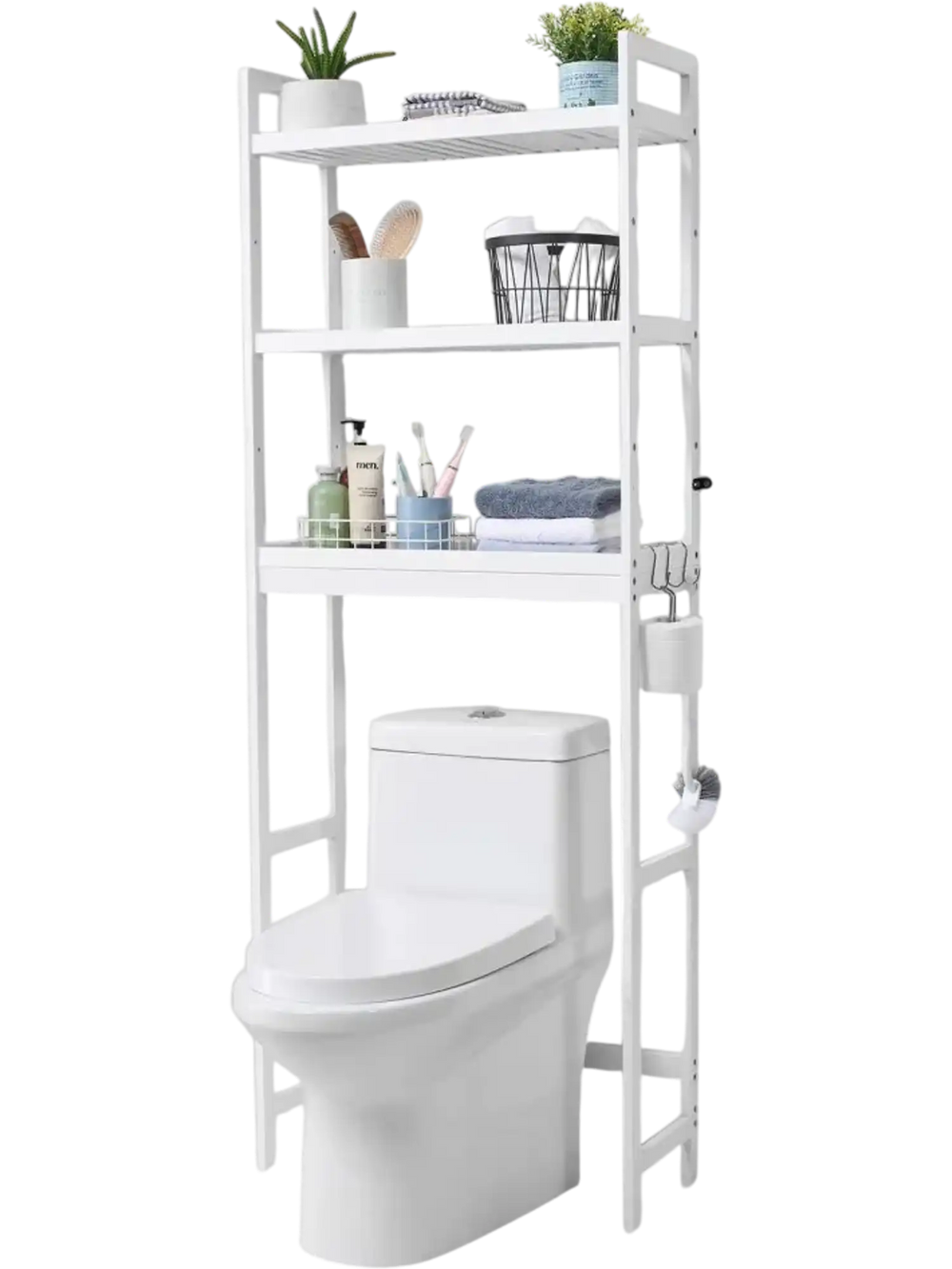 VEVOR Over the Toilet Storage, 3-Tier Adjustable Over Toilet Bathroom Organizer, Bamboo Storage Shelf Rack with 3 Hooks, Freestanding Easy Assembly Laundry Space Saver, Fit Most Toilets, White