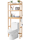 VEVOR Over the Toilet Storage, 3-Tier Adjustable Over Toilet Bathroom Organizer, Bamboo Storage Shelf Rack with 3 Hooks, Freestanding Easy Assembly Laundry Space Saver, Fit Most Toilets