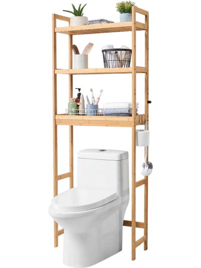 VEVOR Over the Toilet Storage, 3-Tier Adjustable Over Toilet Bathroom Organizer, Bamboo Storage Shelf Rack with 3 Hooks, Freestanding Easy Assembly Laundry Space Saver, Fit Most Toilets