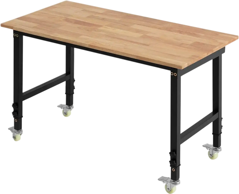 VEVOR Adjustable Workbench on Wheels, 1500 lbs Capacity, 48 x 24 Inch Oak Wood Top Workbench with 28.5-42.3 Inch Height Adjustment, Heavy-Duty Hardwood Worktable for Garage, Workshop, Home, Office