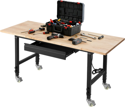 VEVOR Adjustable Workbench on Wheels, 2000 lbs Capacity, 60 x 24 Inch Oak Wood Top Workbench with Drawer & Power Outlets, Heavy-Duty Hardwood Worktable for Garage, Workshop, Home, Office, Commercial
