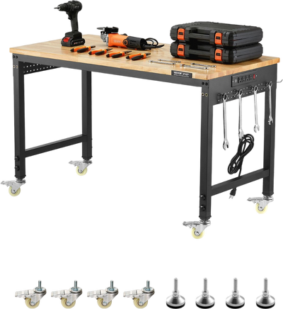 VEVOR 48-Inch Adjustable Workbench, 2000 lbs Load, Work Bench with Power Outlet, Wheels, and Pegboard, Heavy Duty Oak Wood Top Work Table for Garage, Workshop, Office, and Home