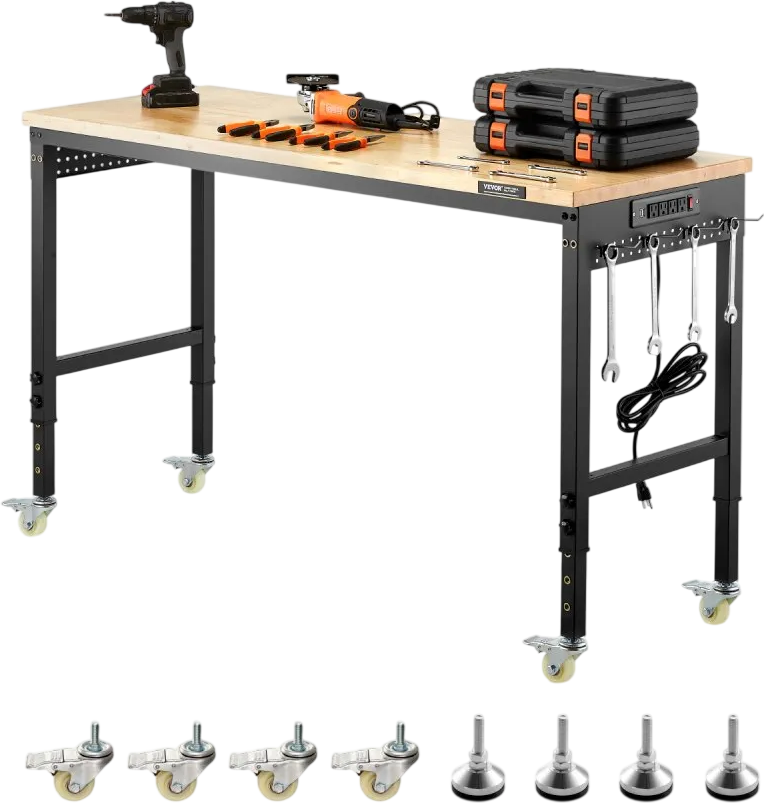 Vevor Workbench on Wheels 60 x 22 in. Oak Top with Side Pegboards Power Outlets New