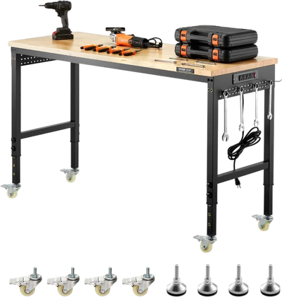 VEVOR 60-Inch Adjustable Workbench, 2000 lbs Load, Work Bench with Power Outlet, Wheels, and Pegboard, Heavy Duty Oak Wood Top Work Table for Garage, Workshop, Office, and Home