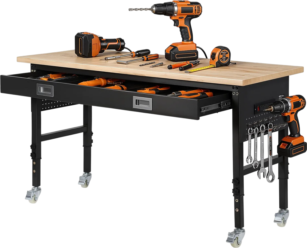 VEVOR 60-inch Adjustable Workbench, 1500 lbs Load Capacity, Garage Workbench with Drawer, Power Outlet, Wheels, and Pegboard, Heavy Duty Oak Wood Top Work Table for Garage, Workshop, Office, and Home