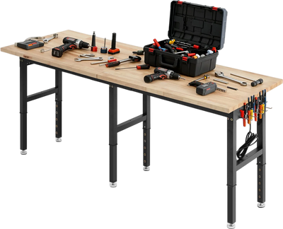 VEVOR Adjustable Workbench, 5000 lbs Capacity, 96 x 24 Inch Oak Wood Top Workstation with 4 AC Outlets & 2 USB Ports, Heavy-Duty Hardwood Worktable for Garage, Workshop, Home, Office, Commercial