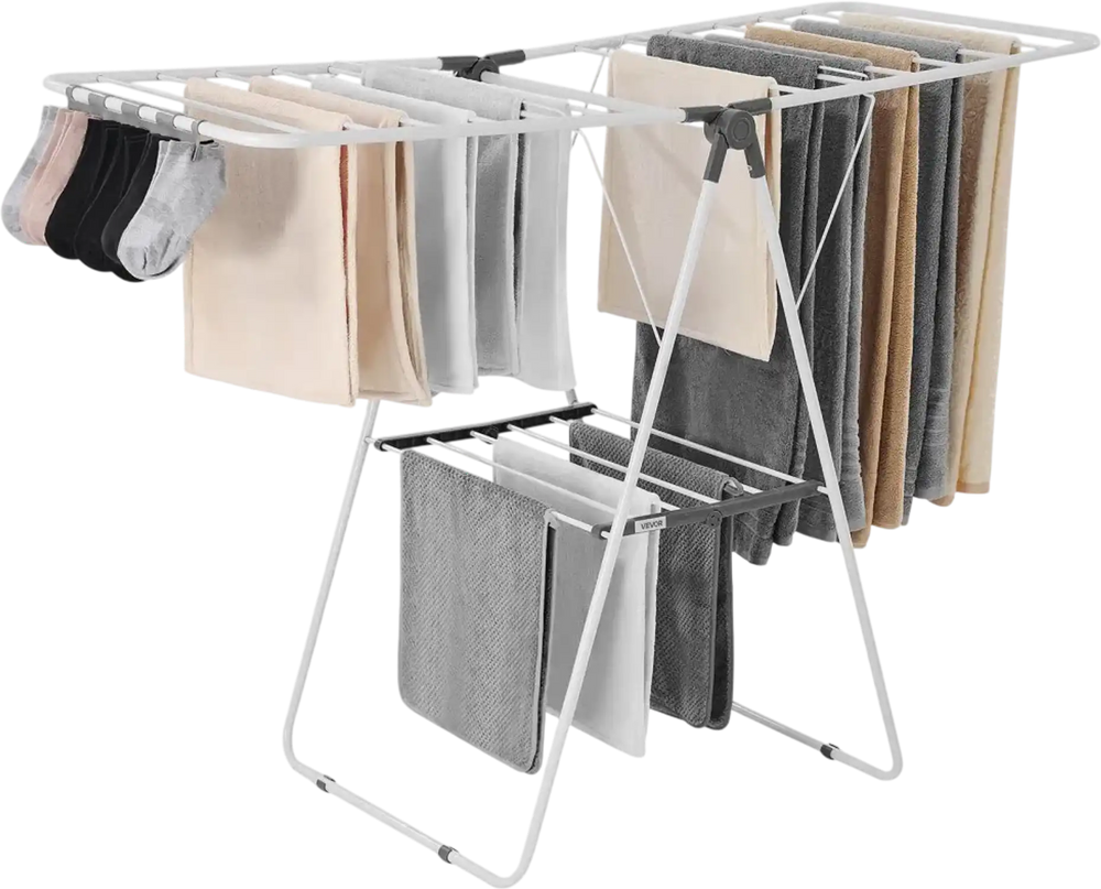VEVOR Clothes Drying Rack, 2-Tier Foldable Laundry Dryer Rack with Sock Clips & 21 Drying Rods, Metal Height Adjustable Drying Racks for Outdoor & Indoor, Free-Standing & Space-Saving Hanger, White