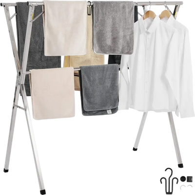 VEVOR Clothes Drying Rack, 2-Tier Telescopic Laundry Dryer Rack, Stainless Steel Drying Racks with 30 Windproof Holes and 2 Shoe Hooks, Free-Standing and Portable Hanger for Outdoor & Indoor Use