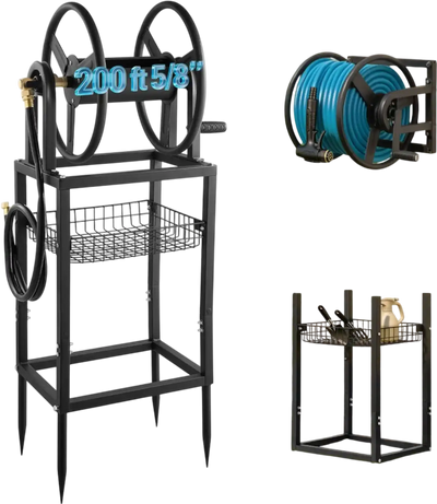 VEVOR Freestanding Garden Hose Reel, Holds 200 Feet of 5/8-inch Hose, Wall Mount or Ground Mount, Detachable Holder Stand with Storage Rack, 5 ft Leader Hose, Brass Fitting, 4 Spikes, for Backyards