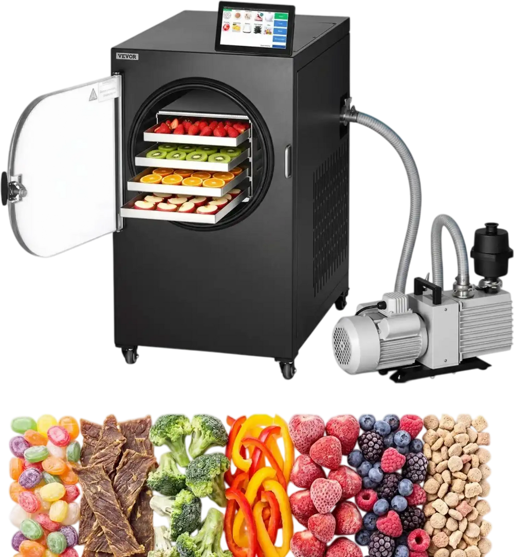 VEVOR Vacuum Freeze Dryer Machine, 11-15.4 lbs/Batch, 4 Trays, 10 Presets for Fruit Vegetable Meat, Durable Freestanding Freeze Drying Equipment with Wheel, App Control, LCD Touchscreen, Auto Defrost