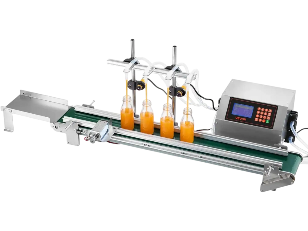VEVOR Automatic Liquid Filling Machine, 4 Nozzles with Conveyor Bottle Filler, for Water and Oil, 10-500 g Recommend, Premium Stainless Steel Body, Digital Weighing, Adjustable Stand, Easy to Operate