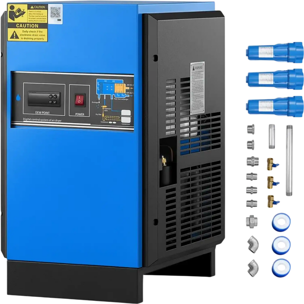 VEVOR Compressed Air Dryer, 50CFM Refrigerated Air Dryer, 120V 60Hz Industrial Refrigerated Air-Drying System for 10HP Compressors - with Color Screen Control Panel and Automatic Drainage