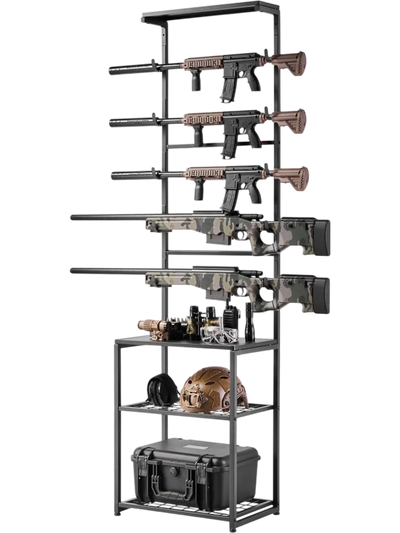 VEVOR Gun Rack, Floor Standing, Indoor Rifle Shotgun Rack Stand with Storage Shelf, for Wall Mount Gun Display Stand, Holds up to 5 Rifles, Heavy Duty Steel, for Home Garage Hunting Long Guns Storage