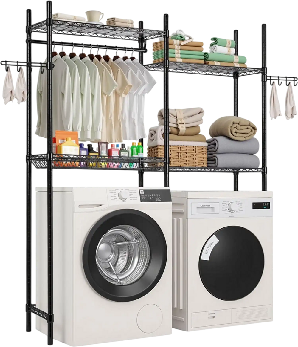 VEVOR Over Washer and Dryer Storage Shelves, 4 Tiers Laundry Room Drying Rack with Hanger Rod and Hooks, Two Rows Adjustable Washer Shelves Space Saver, for Laundry Room Storage & Organization, Black