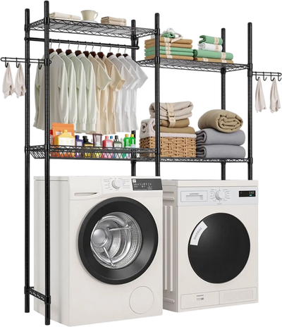 VEVOR Over Washer and Dryer Storage Shelves, 4 Tiers Laundry Room Drying Rack with Hanger Rod and Hooks, Two Rows Adjustable Washer Shelves Space Saver, for Laundry Room Storage & Organization, Black