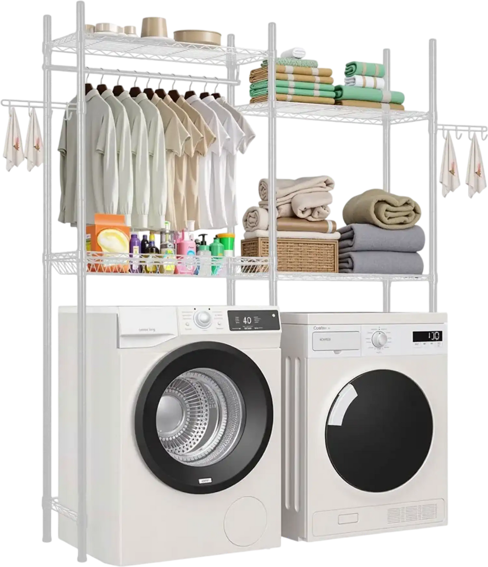 VEVOR Over Washer and Dryer Storage Shelves, 4 Tiers Laundry Room Drying Rack with Hanger Rod and Hooks, Two Rows Adjustable Washer Shelves Space Saver, for Laundry Room Storage & Organization, White