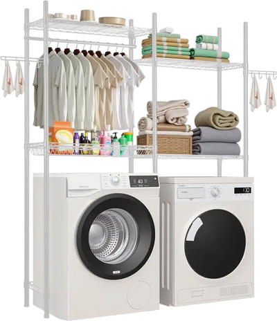 VEVOR Over Washer and Dryer Storage Shelves, 4 Tiers Laundry Room Drying Rack with Hanger Rod and Hooks, Two Rows Adjustable Washer Shelves Space Saver, for Laundry Room Storage & Organization, White