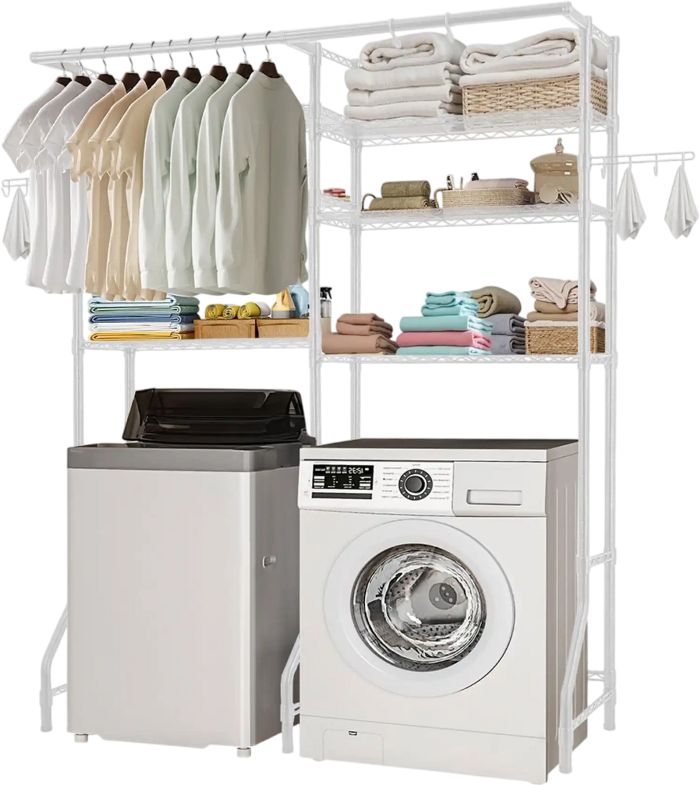 VEVOR Over Washer and Dryer Storage Shelves, 6 Tiers Laundry Room Drying Rack with Hanger Rod and Hooks, Two Rows Adjustable Washer Shelves Space Saver, for Laundry Room Storage & Organization, White
