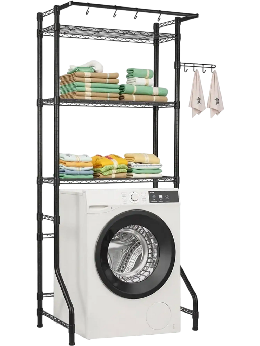 VEVOR Over Washer and Dryer Storage Shelf, 3 Tiers Laundry Room Drying Rack with Hanger Rod and Hooks, Single Row Adjustable Washer Shelves Space Saver, for Laundry Room Storage & Organization, Black