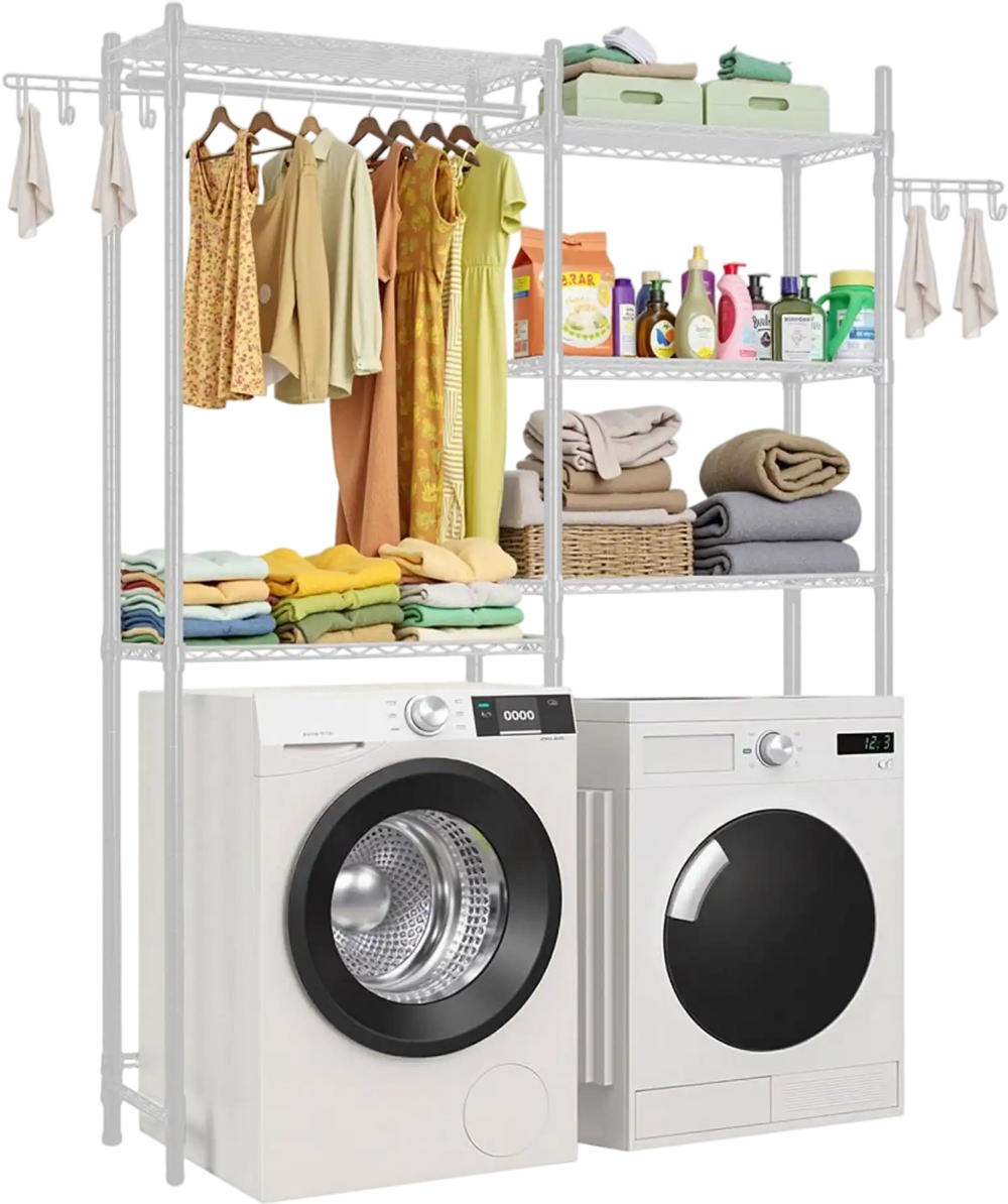 VEVOR Over Washer and Dryer Storage Shelves, 5 Tiers Laundry Room Drying Rack with Hanger Rod and Hooks, Two Rows Adjustable Washer Shelves Space Saver, for Laundry Room Storage & Organization, White